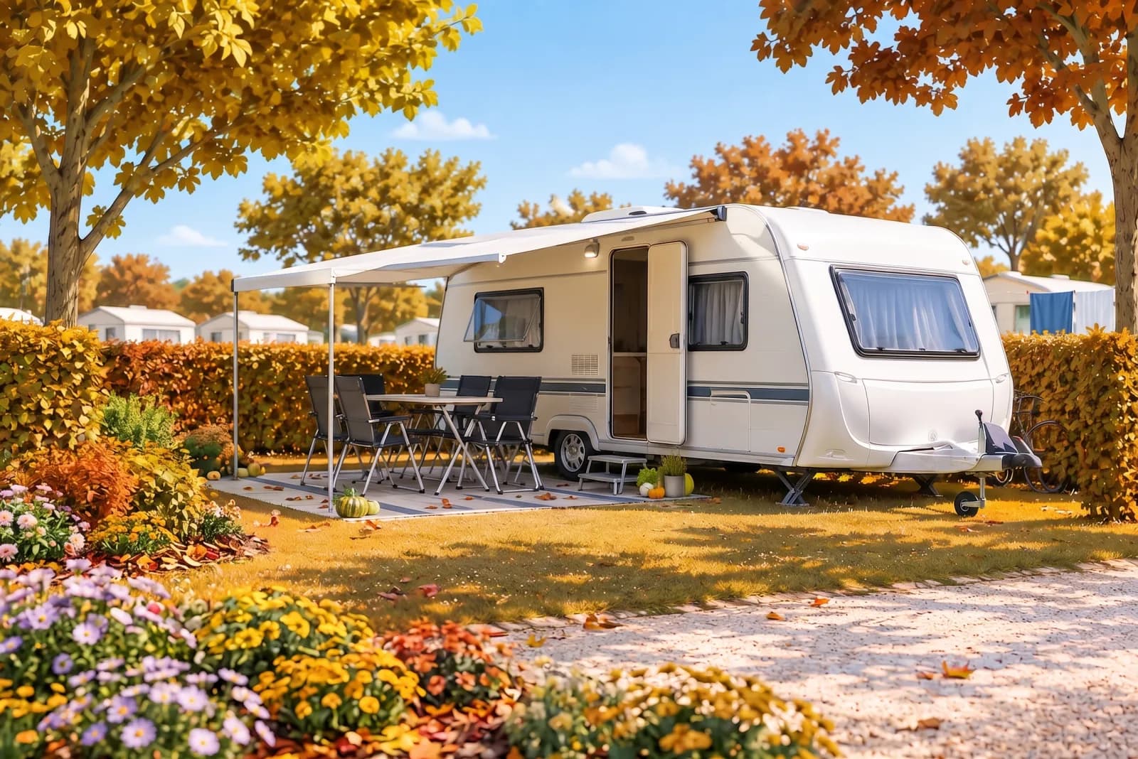 Una caravana con el toldo abierto y la mesa puesta en una parcela de camping, en otoño