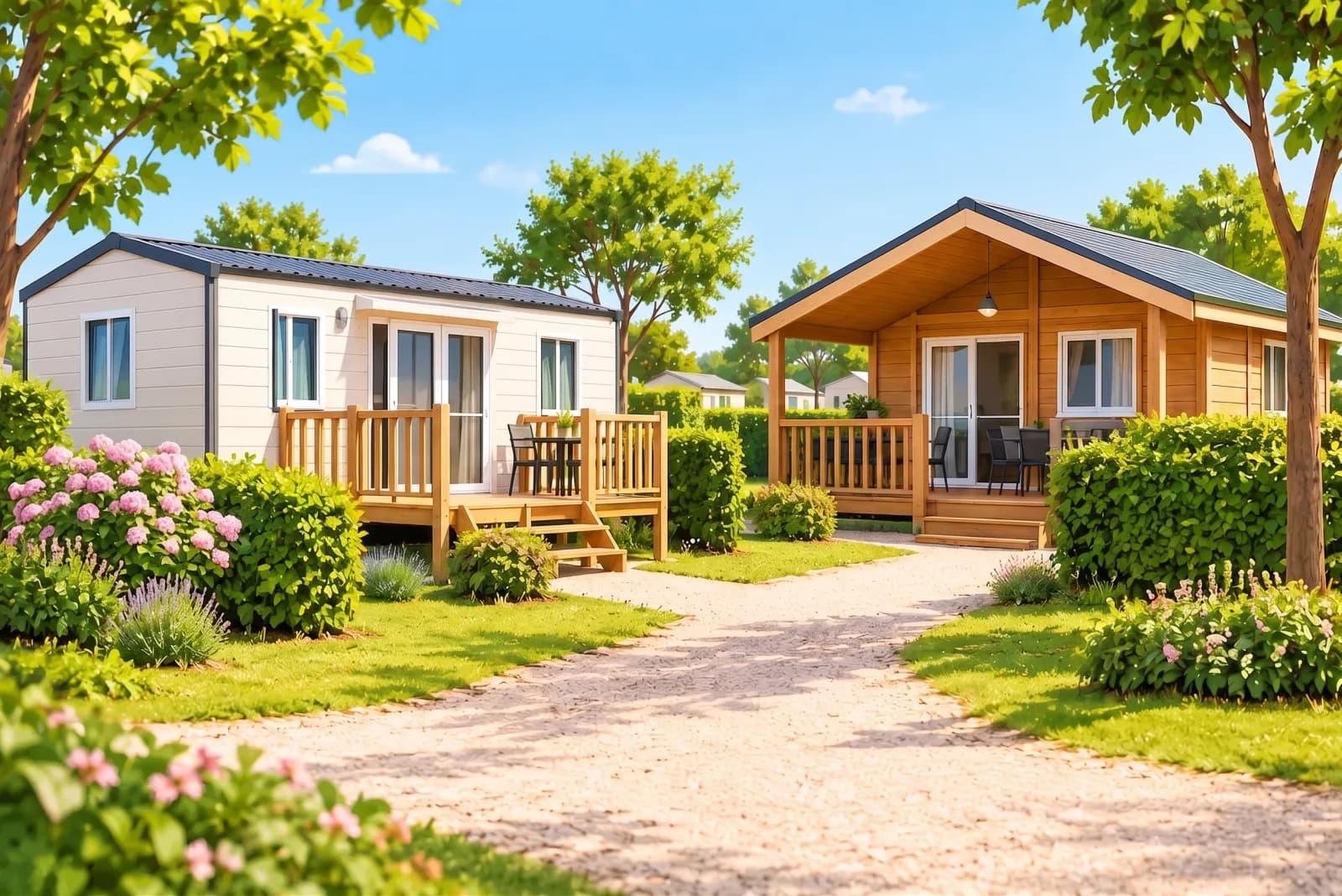 Un mobil-home y un bungalow de madera, cada uno con su porche, en un camping ajardinado