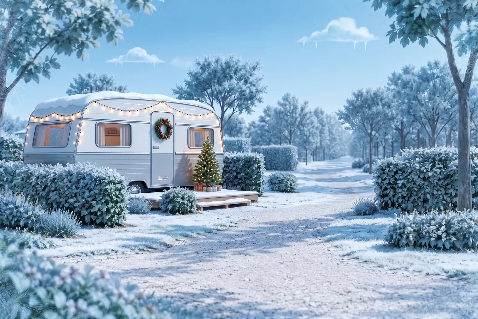 Una caravana con luces de Navidad en una parcela de camping nevada
