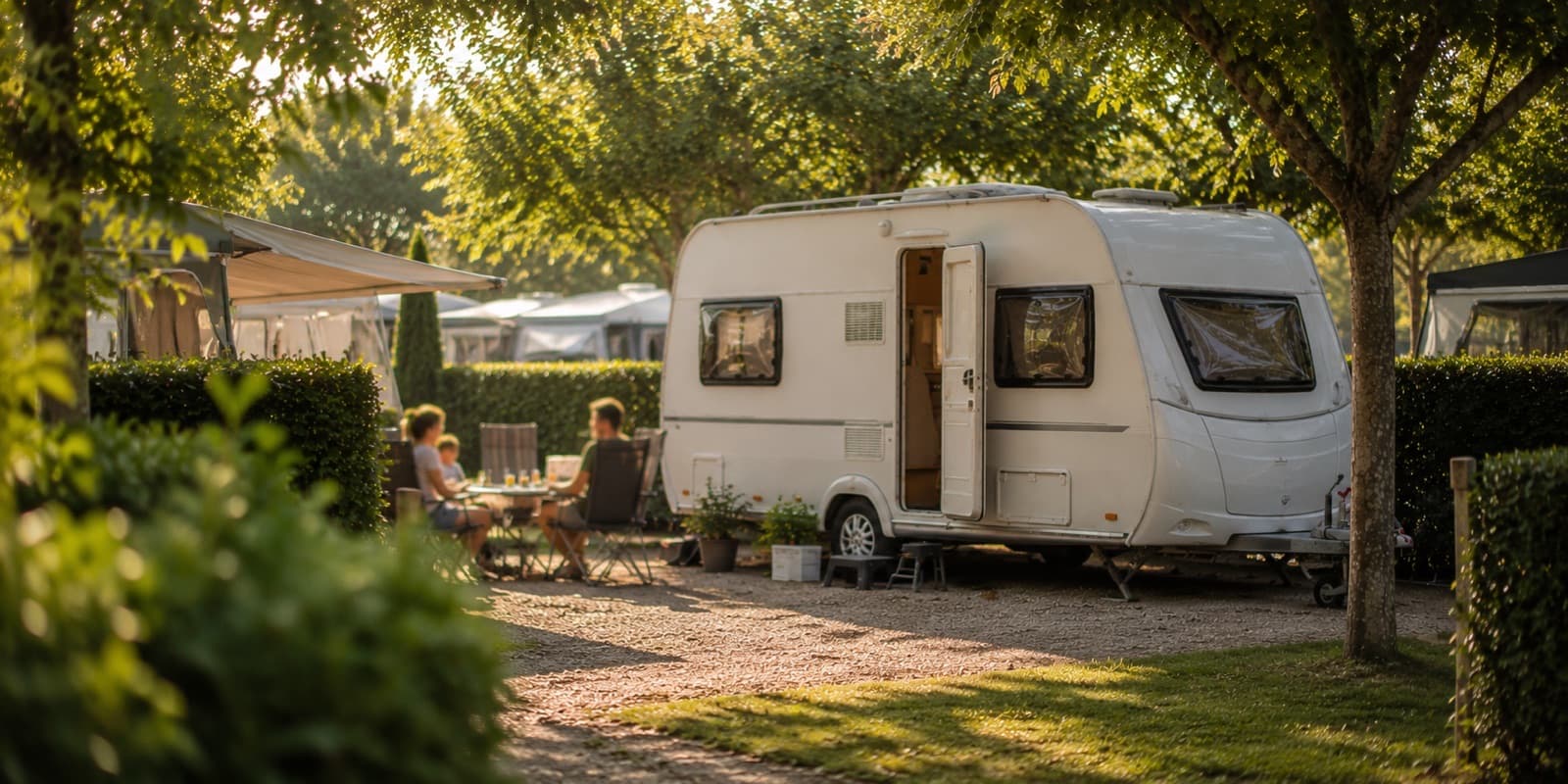 Caravana instalada en una parcela de camping arbolada, con mesa y sillas montadas fuera